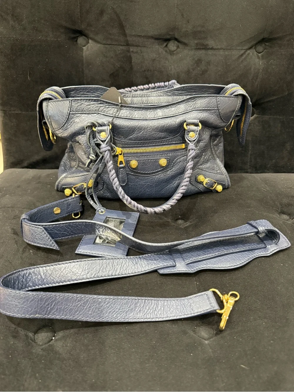 Balenciaga Navy Blue Leather Satchel with Gold Hardware - Picture 5 of 8